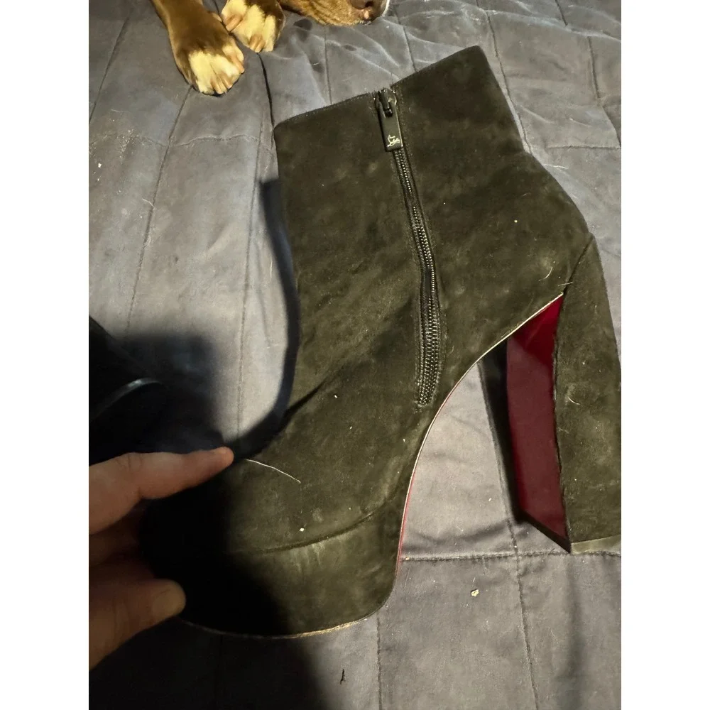 Christian Louboutin Black Suede Platform Block Heel Ankle Boots Red Bottoms 39.5